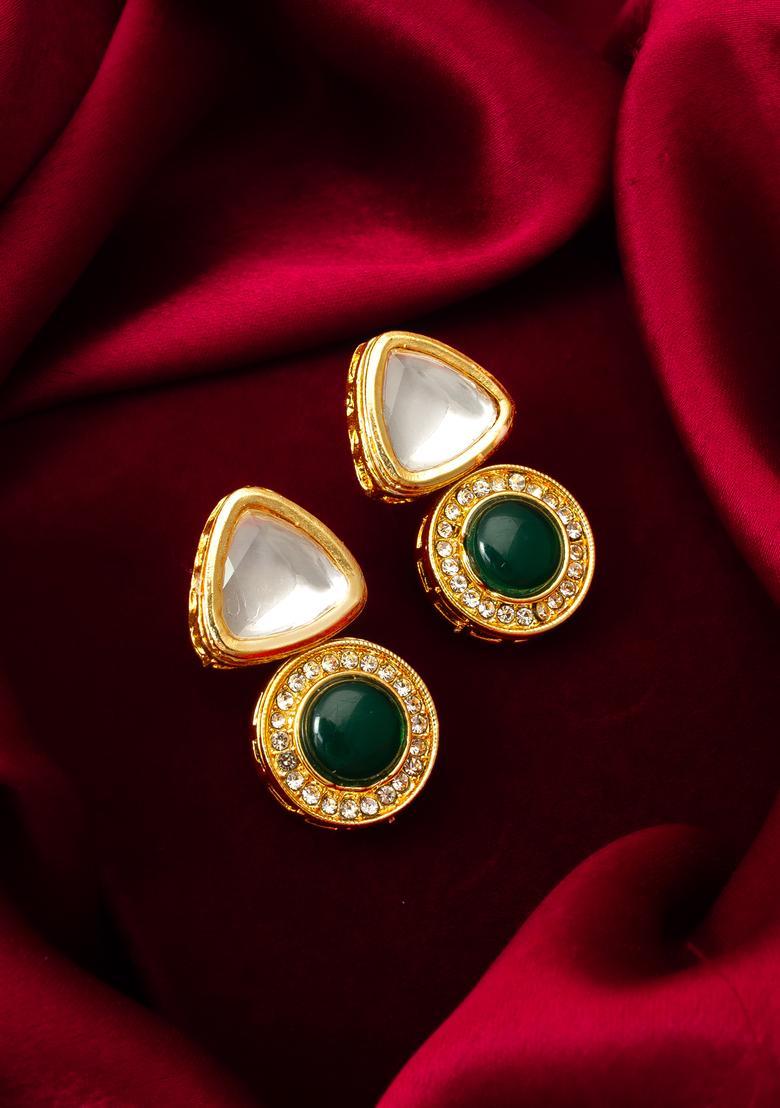 Green Kundan Alloy Drop Earrings - Indya