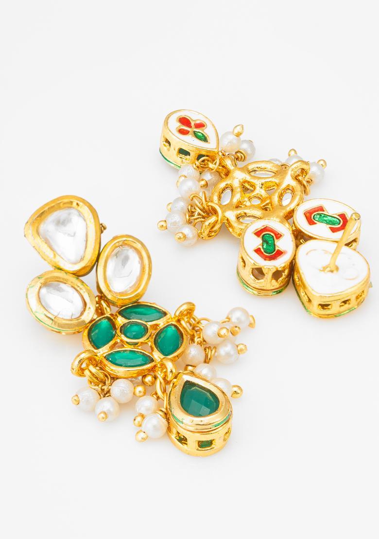 Green Kundan Alloy Drop Earrings - Indya