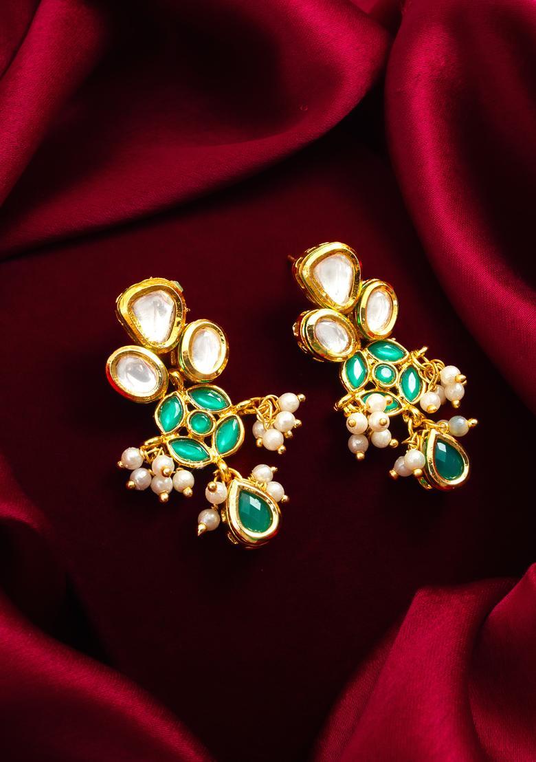 Green Kundan Alloy Drop Earrings - Indya