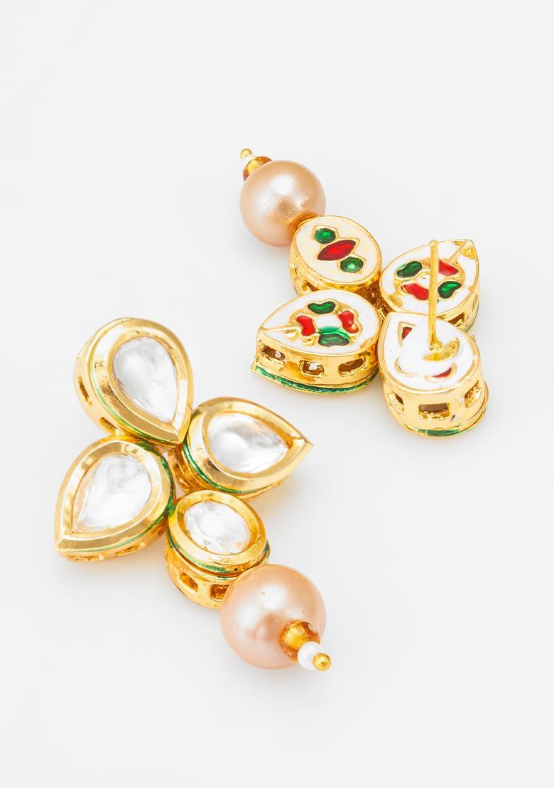 Golden Pearl Alloy Drop Earrings - Indya