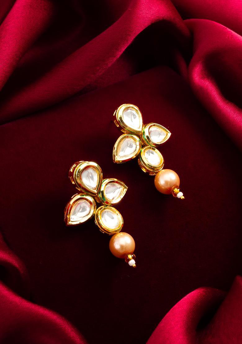 Golden Pearl Alloy Drop Earrings - Indya
