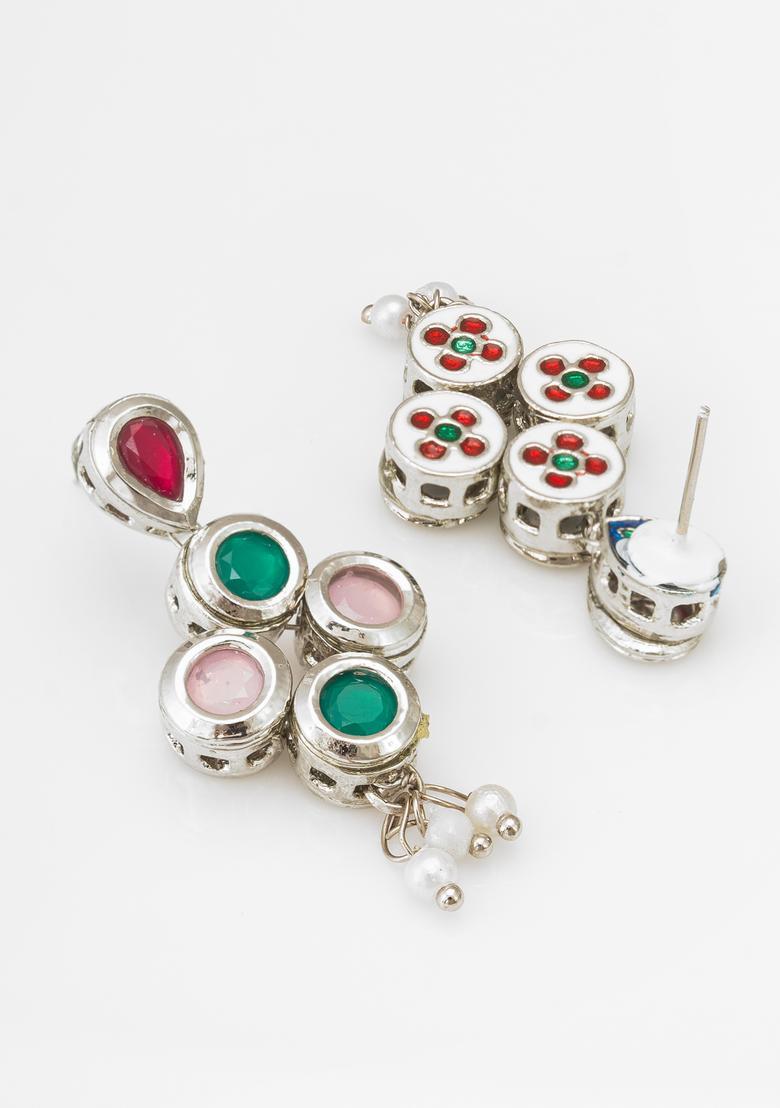 Silver Pearl Alloy Drop Earrings - Indya