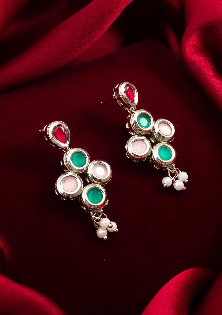 Silver Pearl Alloy Drop Earrings - Indya