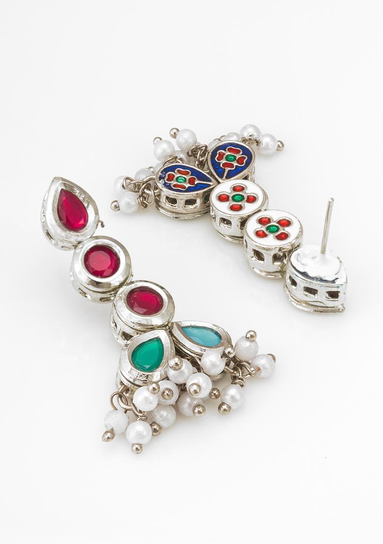 Silver Pearl Alloy Drop Earrings - Indya