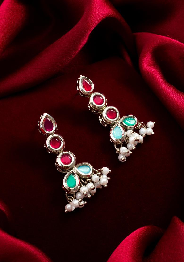 Silver Pearl Alloy Drop Earrings - Indya