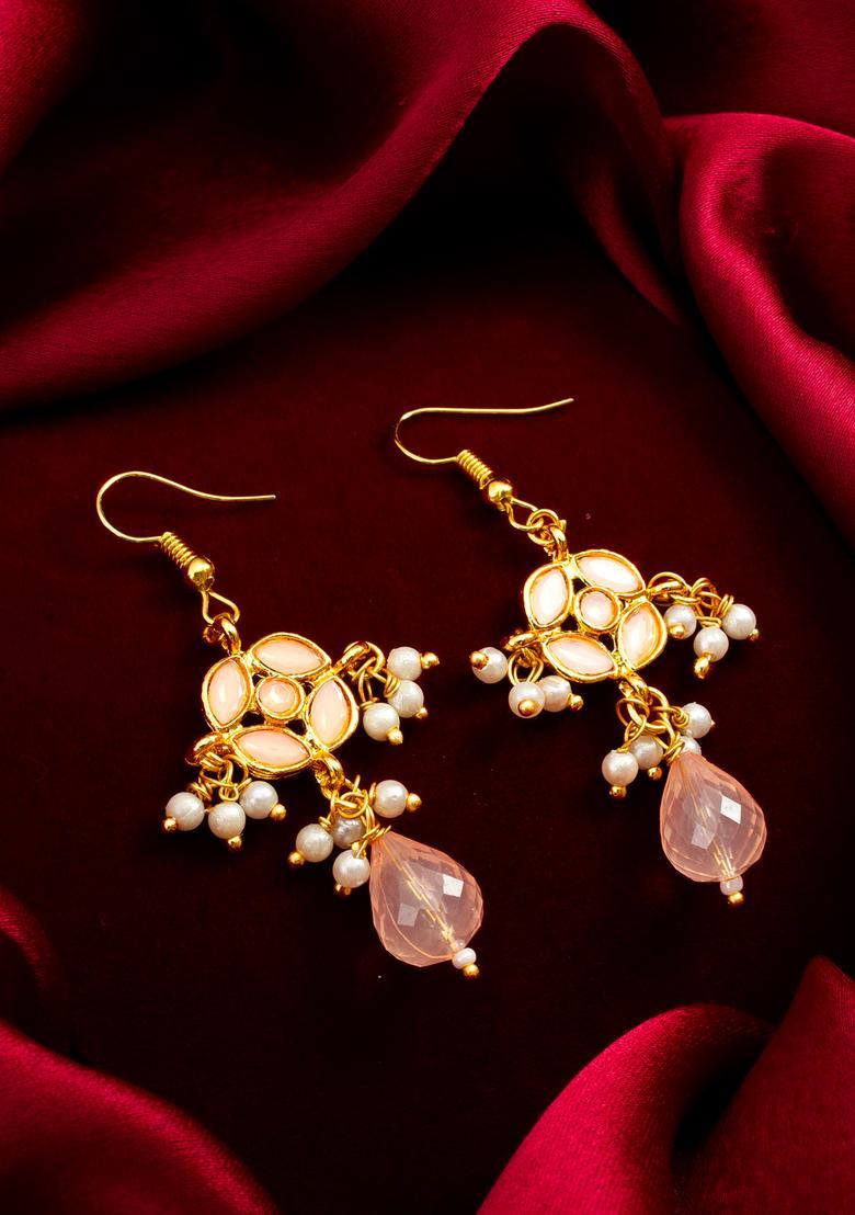 Peach Crystal Alloy Hook Earrings - Indya