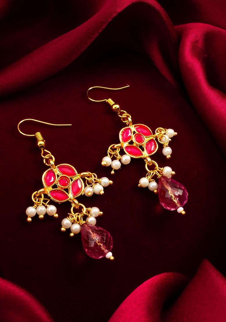 Pink Pearl Alloy Hook Earrings - Indya