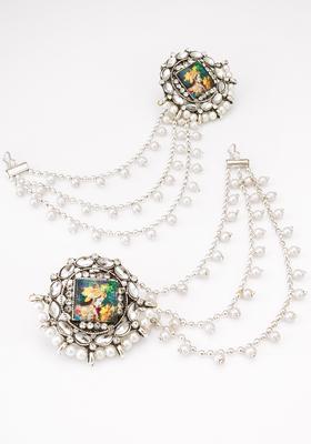 Silver Crystal Alloy Earring With Ear Chain