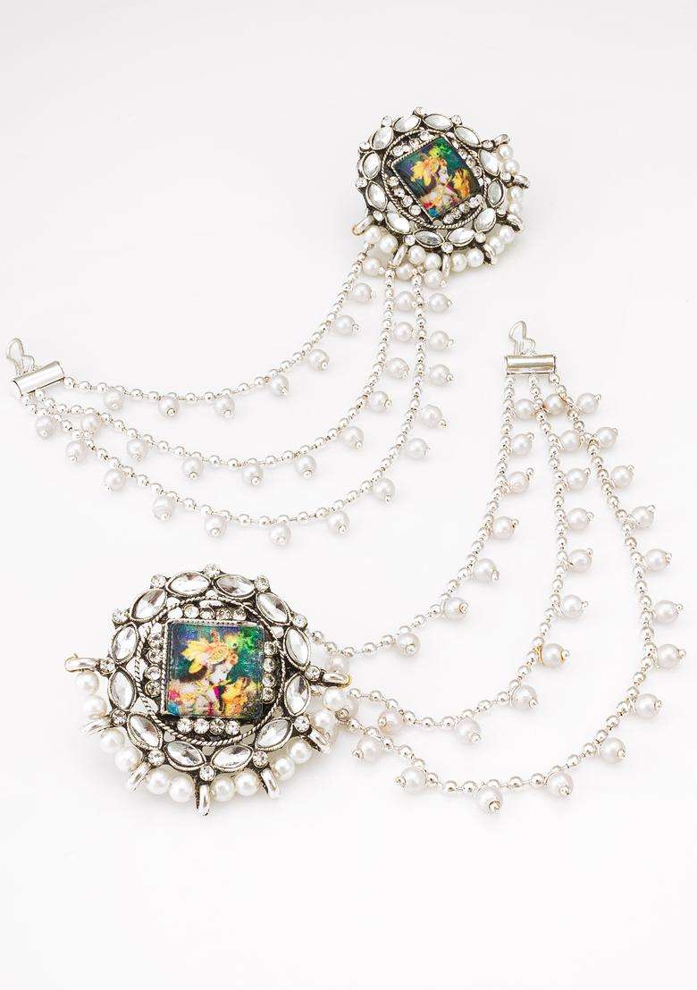 Silver Crystal Alloy Earring With Ear Chain - Indya