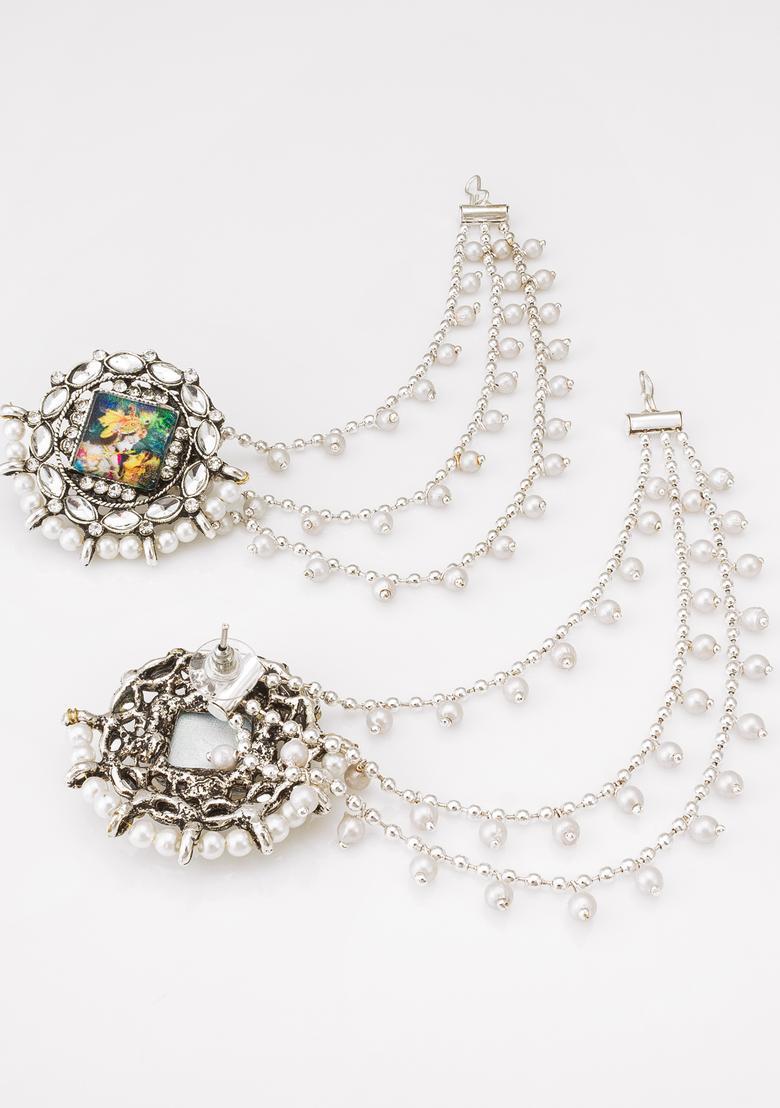 Silver Crystal Alloy Earring With Ear Chain - Indya