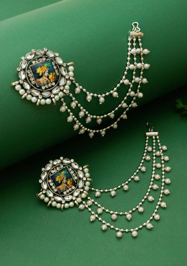 Silver Crystal Alloy Earring With Ear Chain - Indya