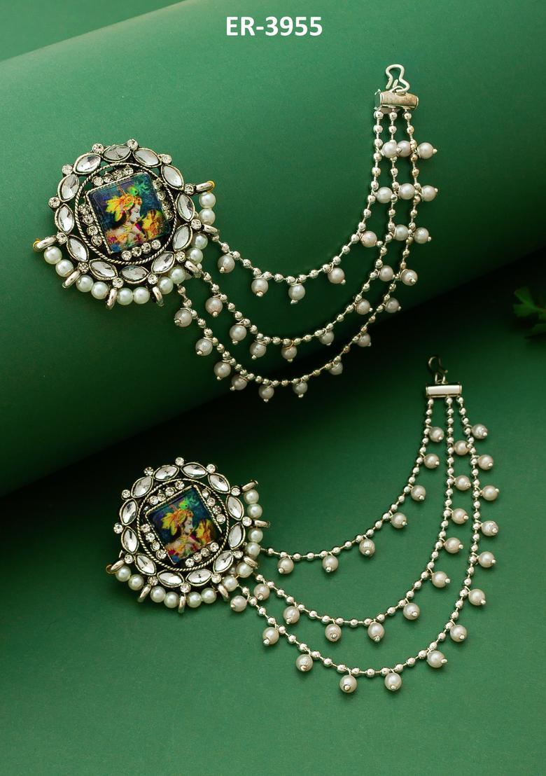 Silver Crystal Alloy Earring With Ear Chain - Indya