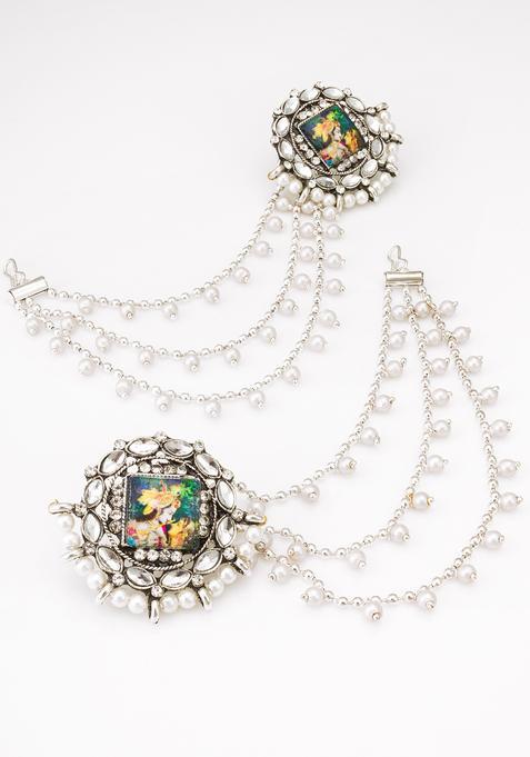 Silver Crystal Alloy Earring With Ear Chain