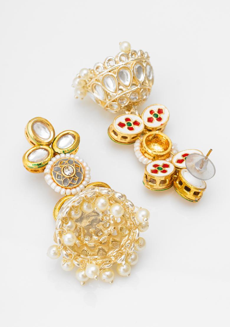 Golden Kundan Alloy Jhumka Earrings - Indya