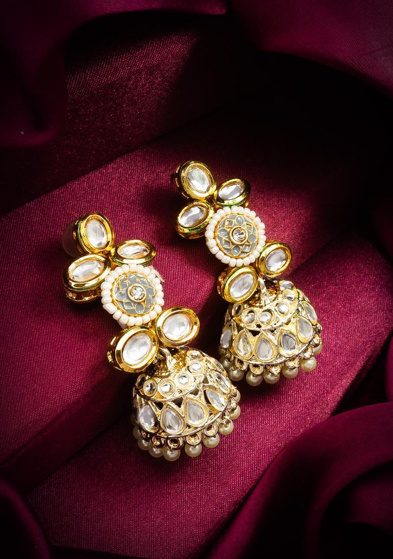 Golden Kundan Alloy Jhumka Earrings - Indya