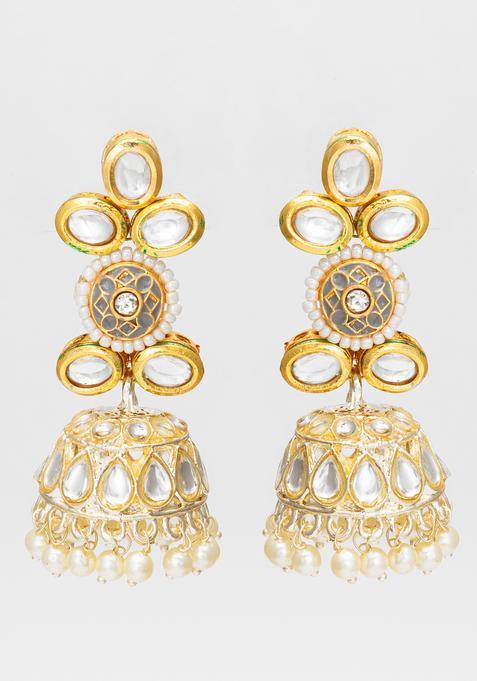 Golden Kundan Alloy Jhumka Earrings