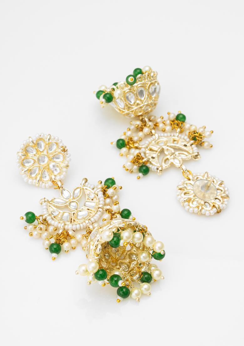 Golden Kundan Alloy Jhumka Earrings - Indya