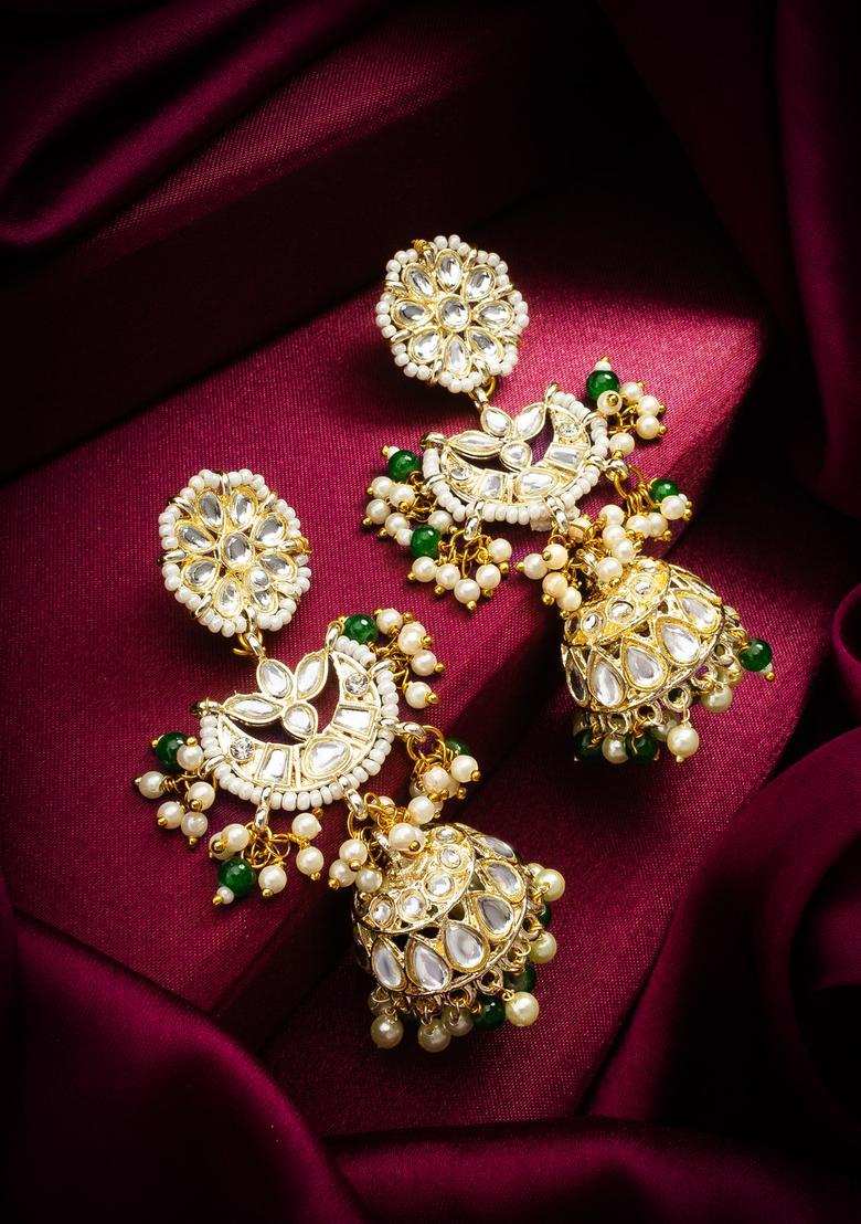 Golden Kundan Alloy Jhumka Earrings - Indya