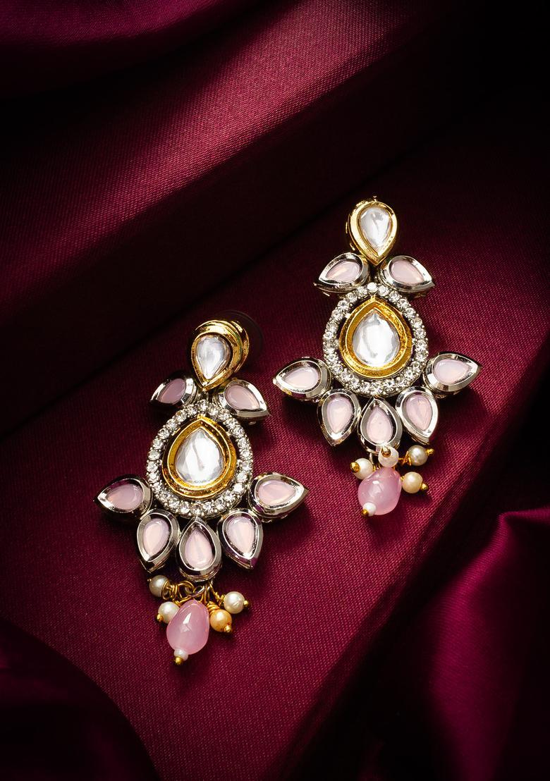 Silver Kundan Alloy Drop Earrings - Indya