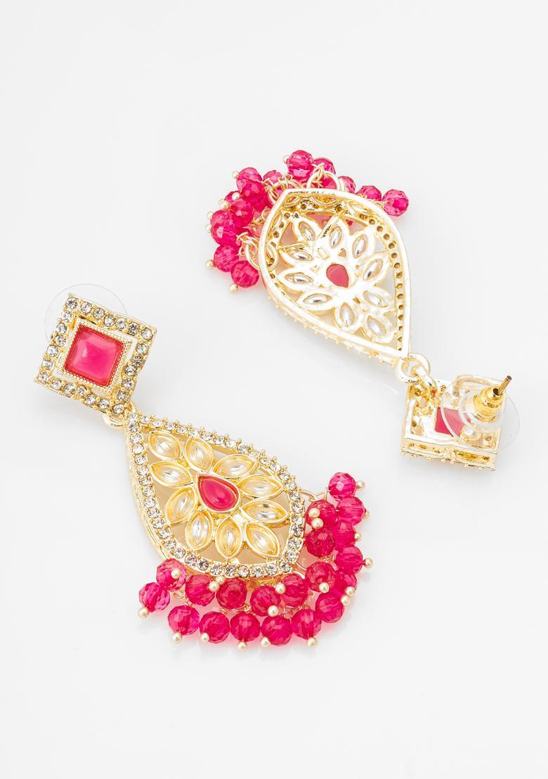 Pink Kundan Alloy Drop Earrings - Indya