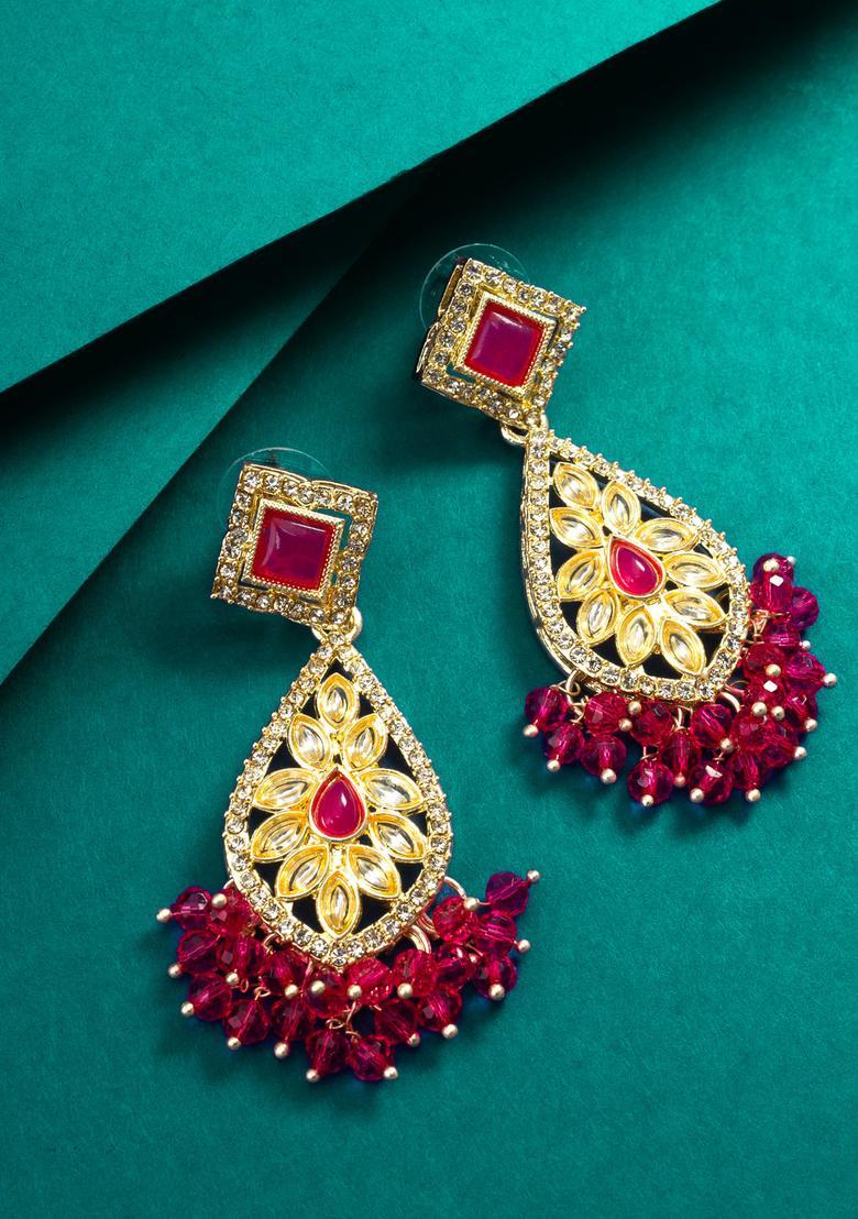 Pink Kundan Alloy Drop Earrings - Indya
