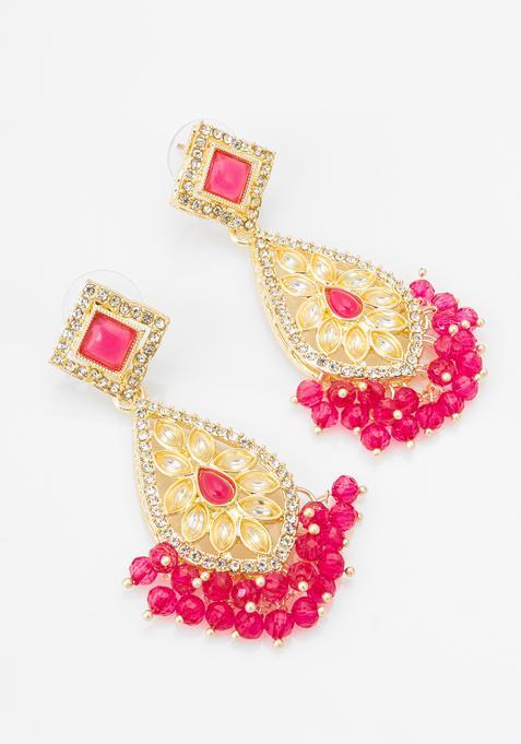 Pink Kundan Alloy Drop Earrings