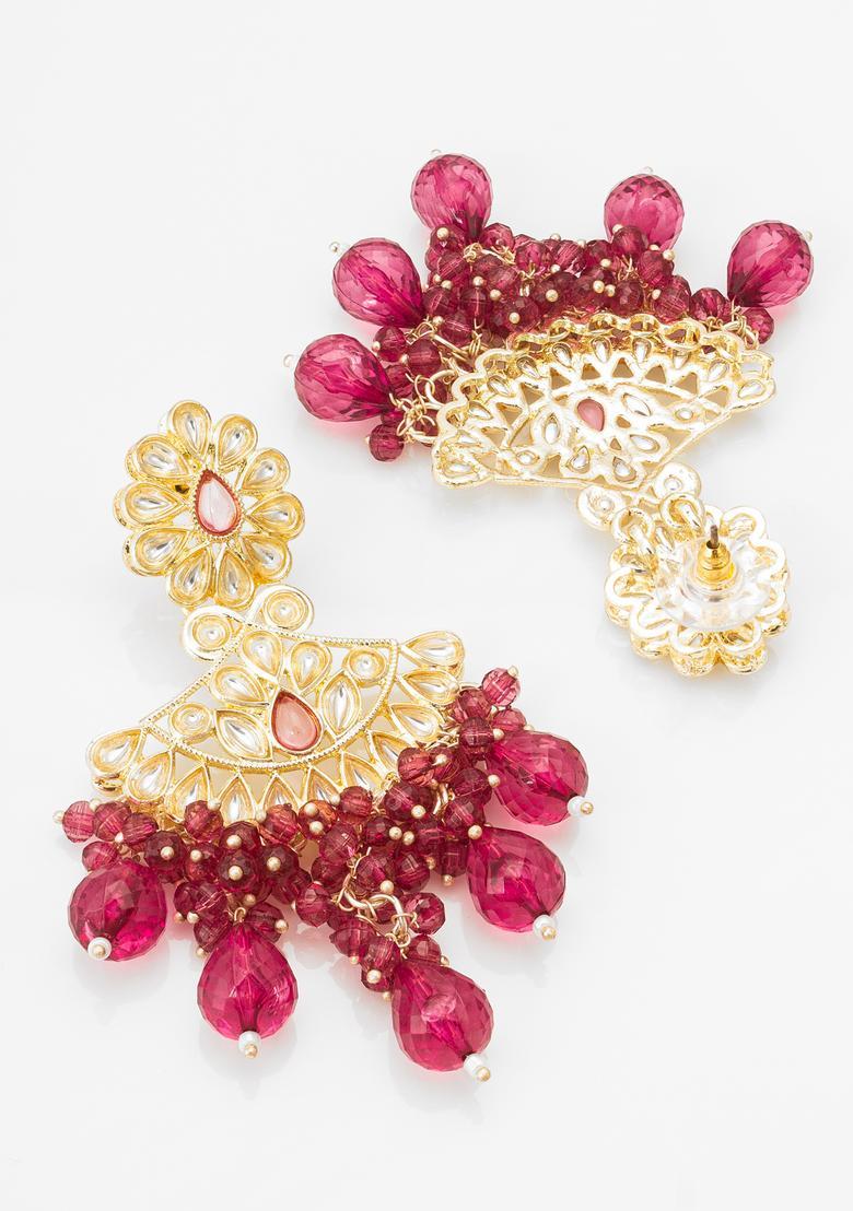 Pink Kundan Alloy Drop Earrings - Indya