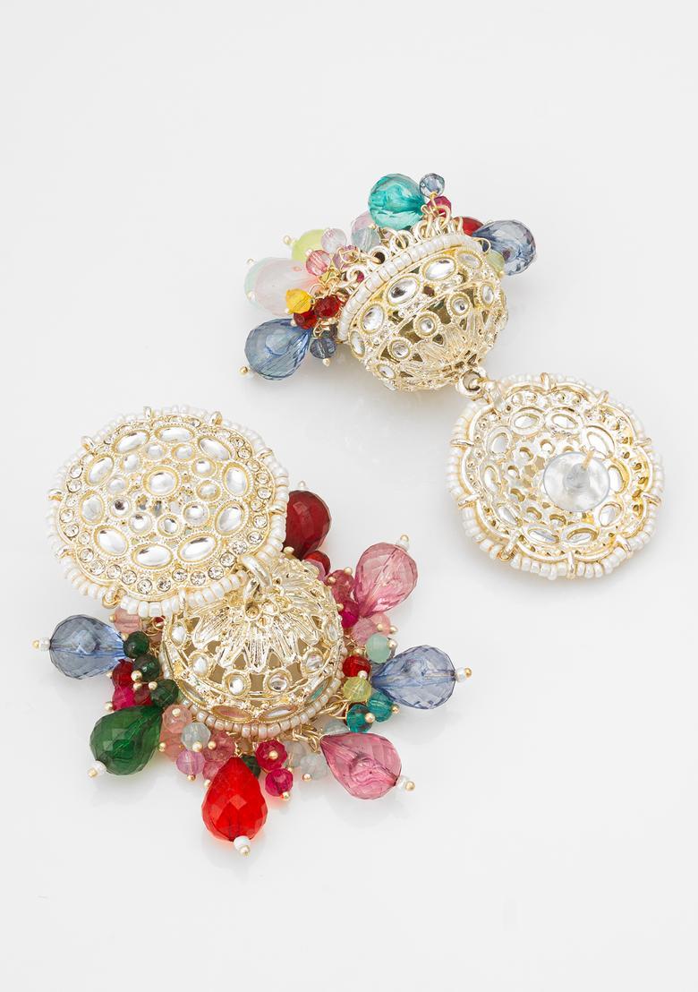 Multicolor Kundan Alloy Jhumka Earrings - Indya