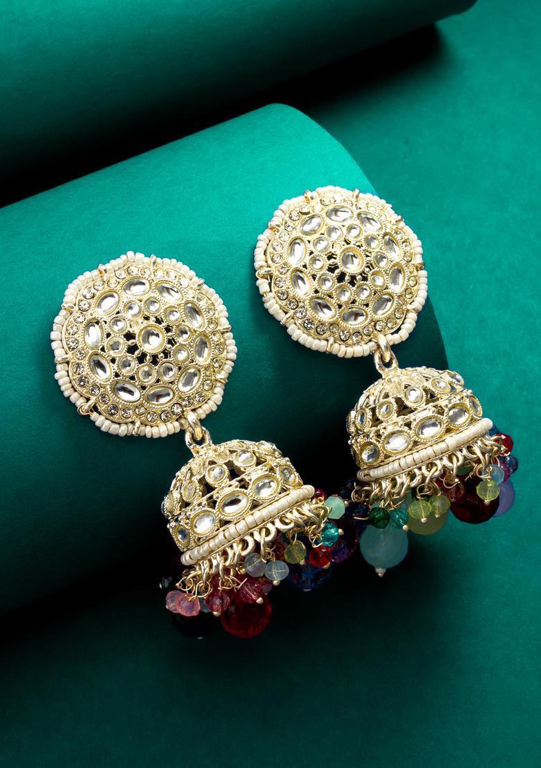 Multicolor Kundan Alloy Jhumka Earrings - Indya