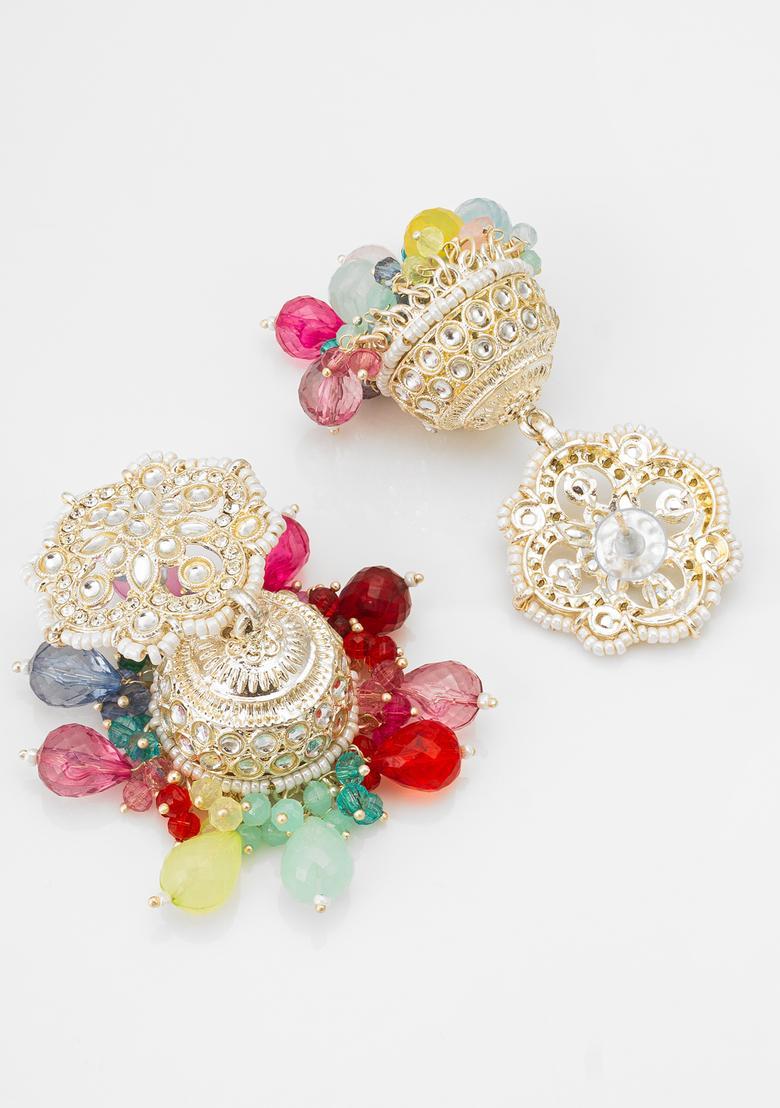Multicolor Kundan Alloy Jhumka Earrings - Indya