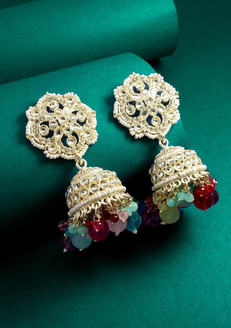 Multicolor Kundan Alloy Jhumka Earrings - Indya