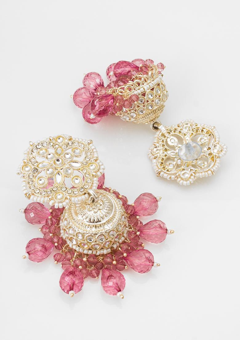 Pink Kundan Alloy Jhumka Earrings - Indya