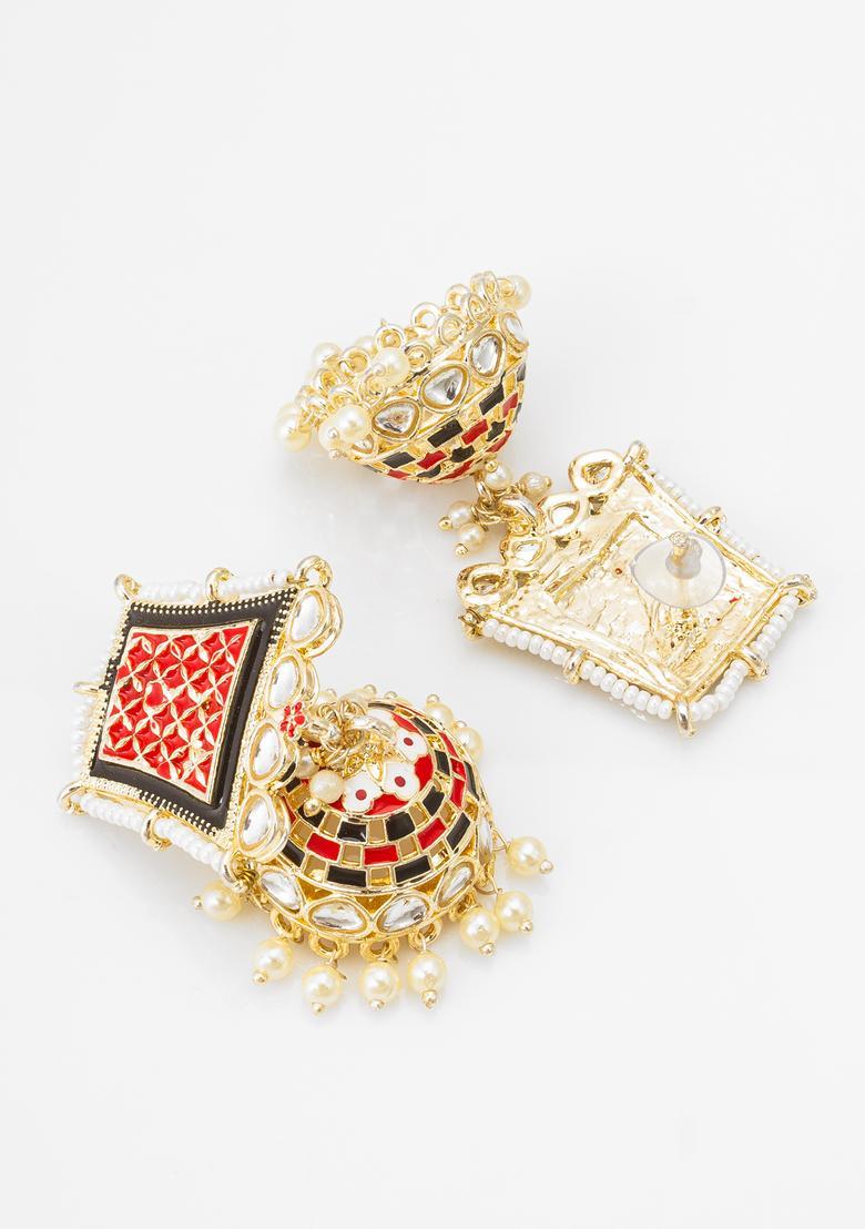 Multicolor Kundan Alloy Jhumka Earrings - Indya