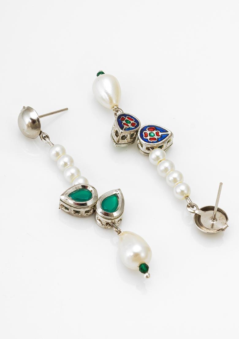 Silver Pearl Alloy Drop Earrings - Indya