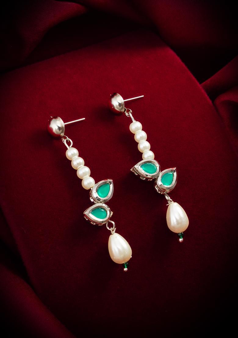Silver Pearl Alloy Drop Earrings - Indya
