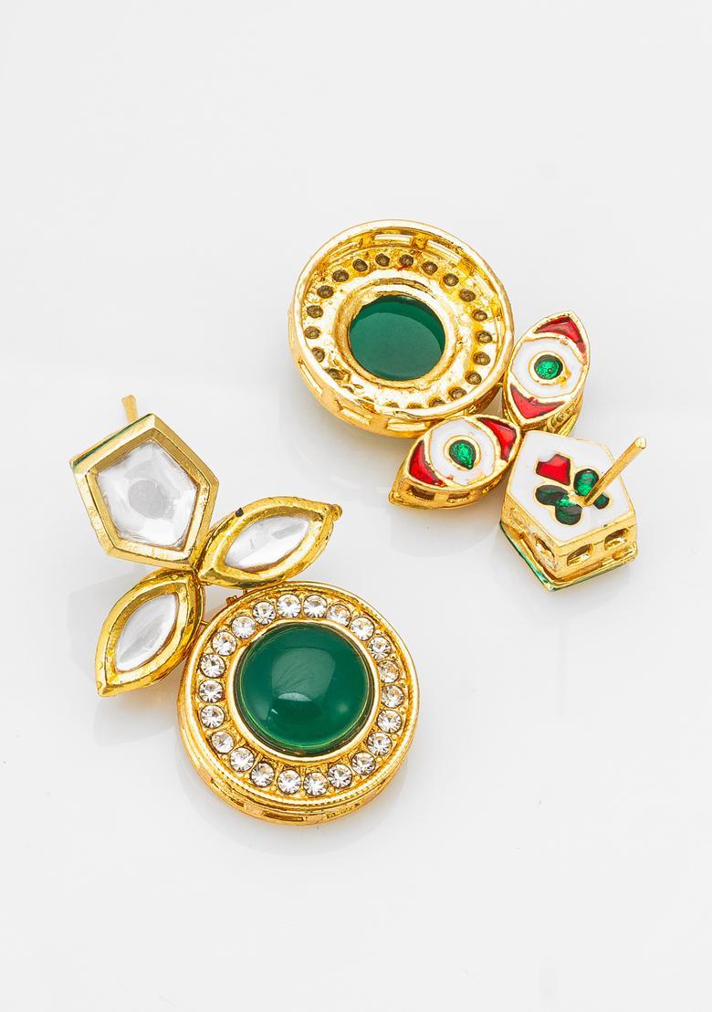 Green Kundan Alloy Drop Earrings - Indya