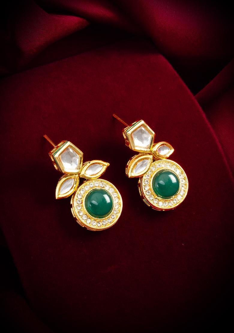 Green Kundan Alloy Drop Earrings - Indya