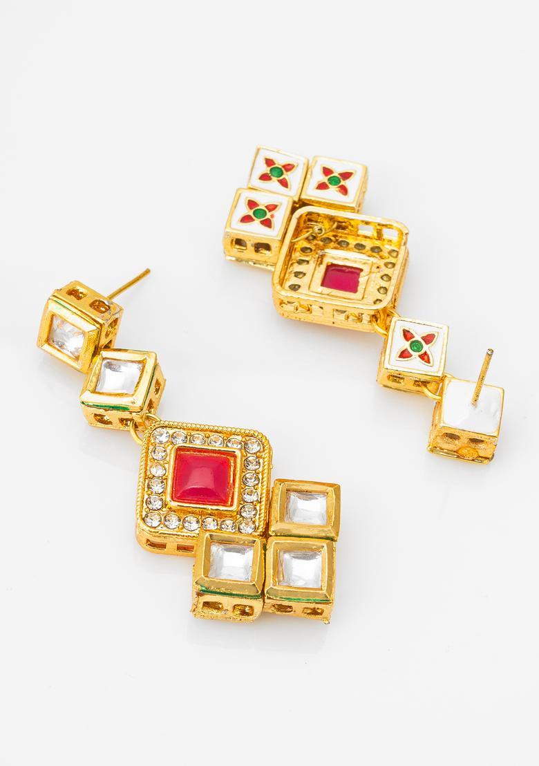 Golden Colored Stone Alloy Drop Earrings - Indya
