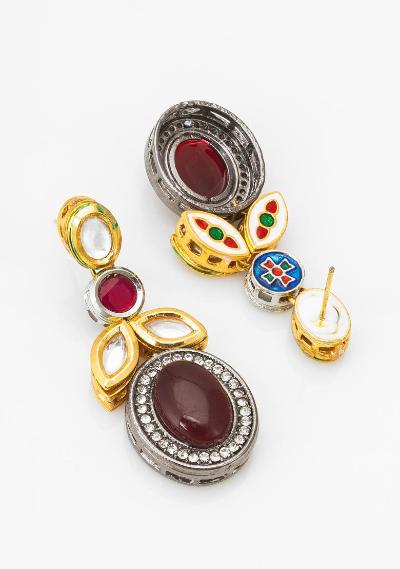 Maroon Crystal Alloy Drop Earrings - Indya