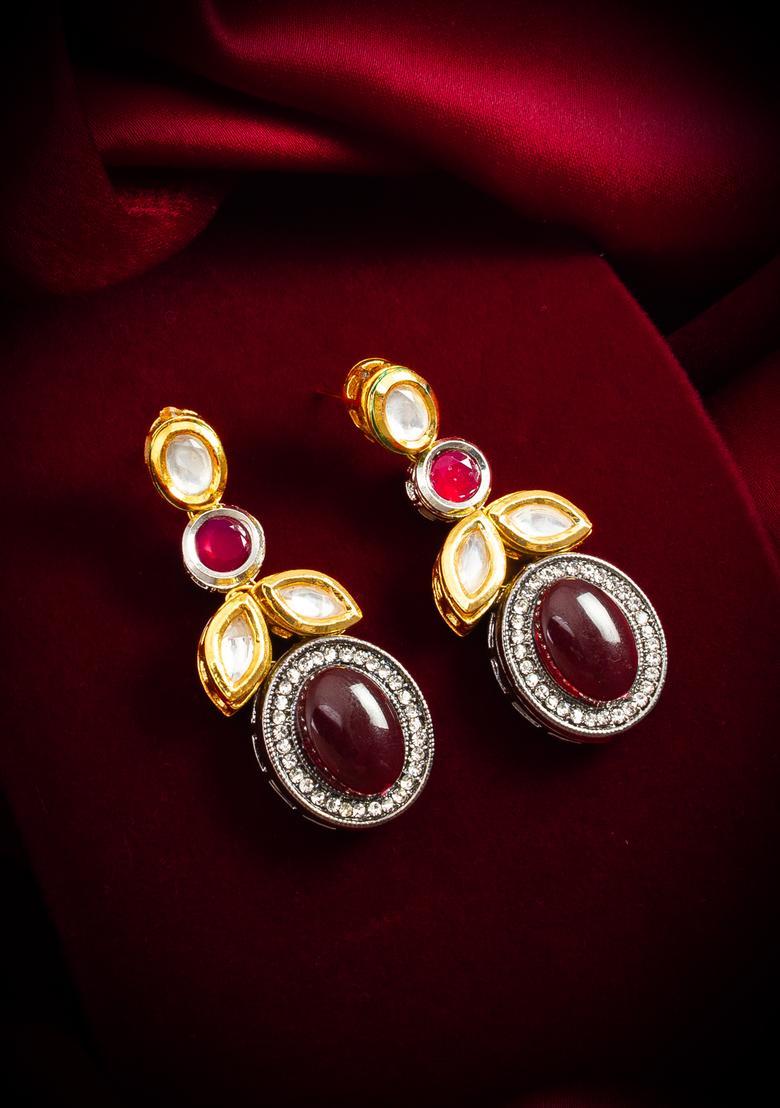 Maroon Crystal Alloy Drop Earrings - Indya
