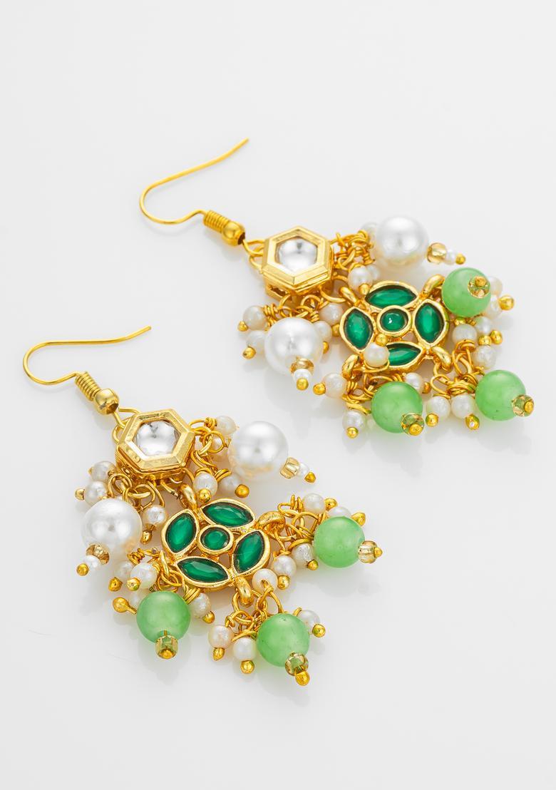 Green Kundan Alloy Dangler Earrings - Indya