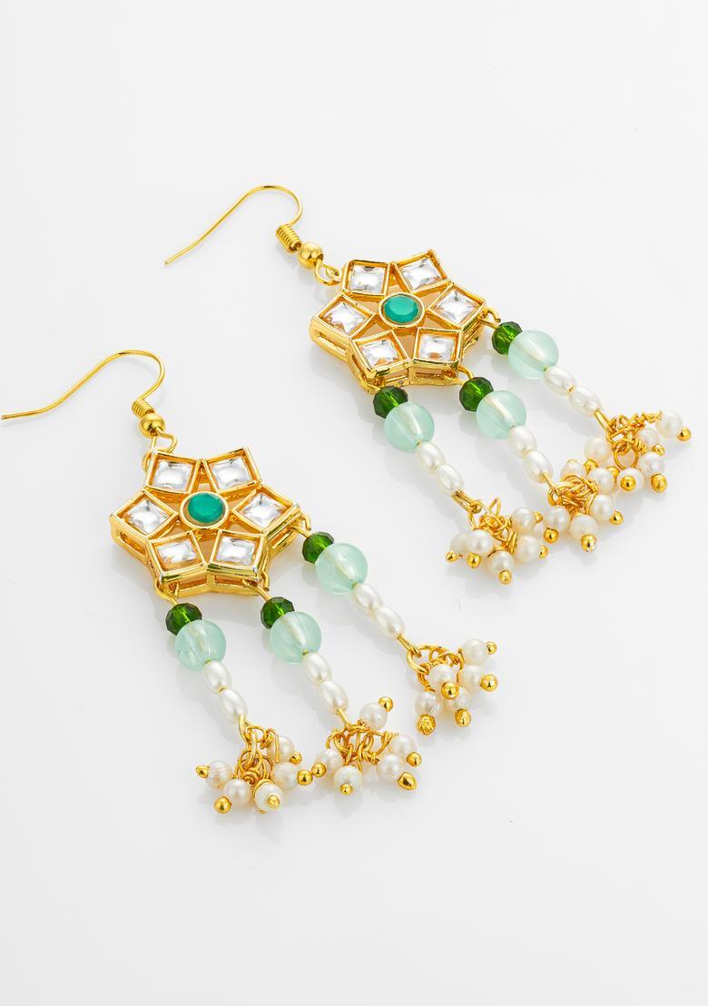 Green Kundan Alloy Dangler Earrings - Indya