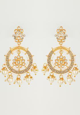 Golden Kundan Alloy Dangler Earrings