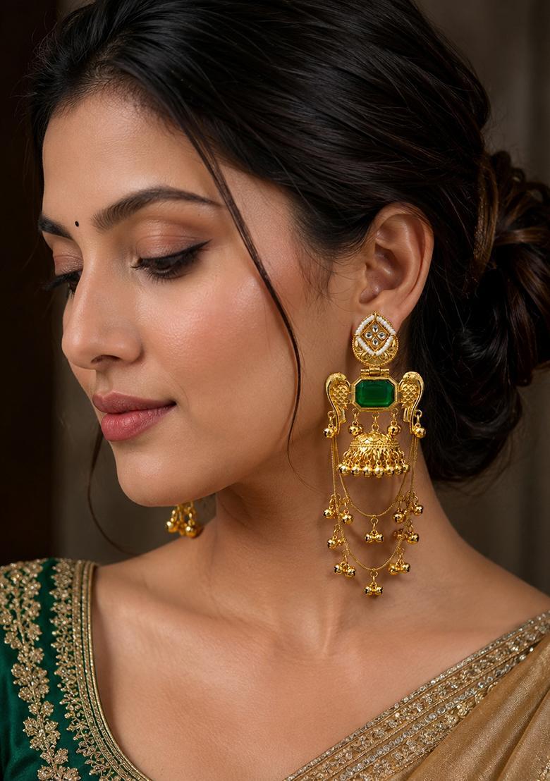 Golden Alloy Earrings - Indya