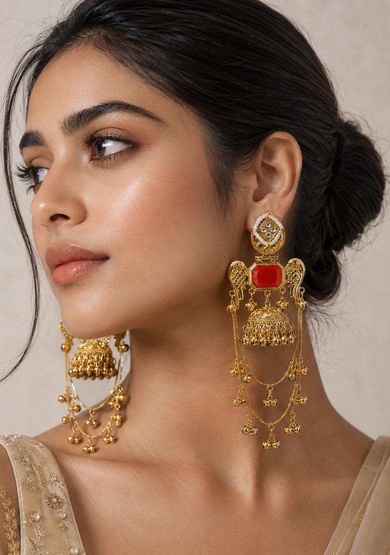 Golden Alloy Earrings - Indya