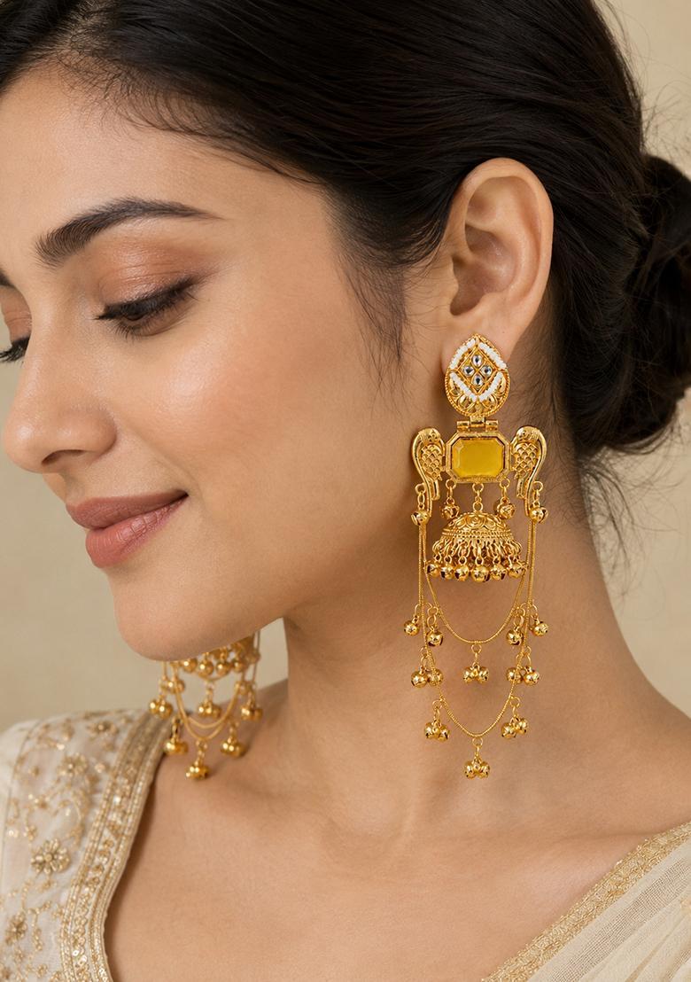 Golden Alloy Earrings - Indya