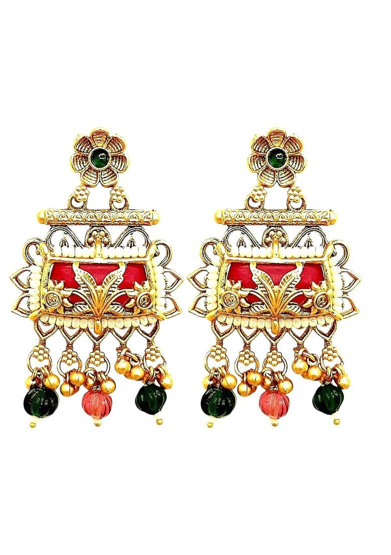 Golden Alloy Drop Earrings - Indya