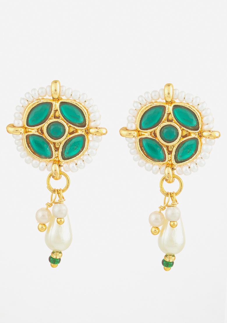 Green And White Alloy Earrings - Indya