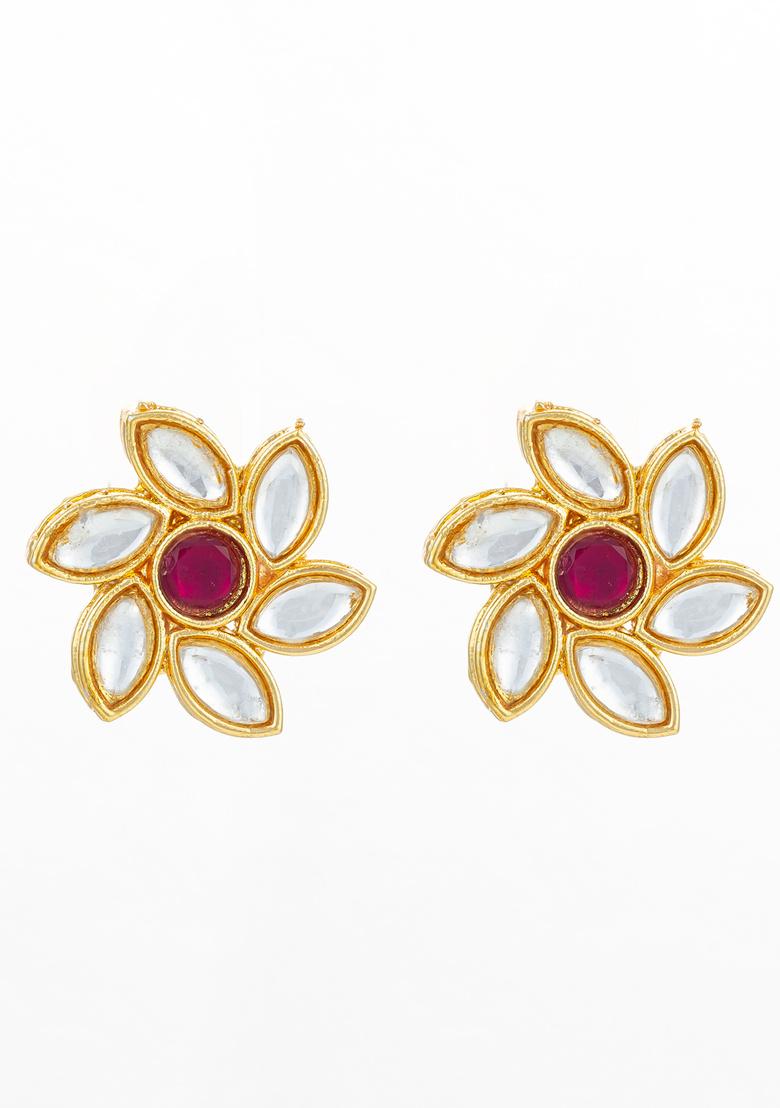 White And Maroon Alloy Earrings - Indya