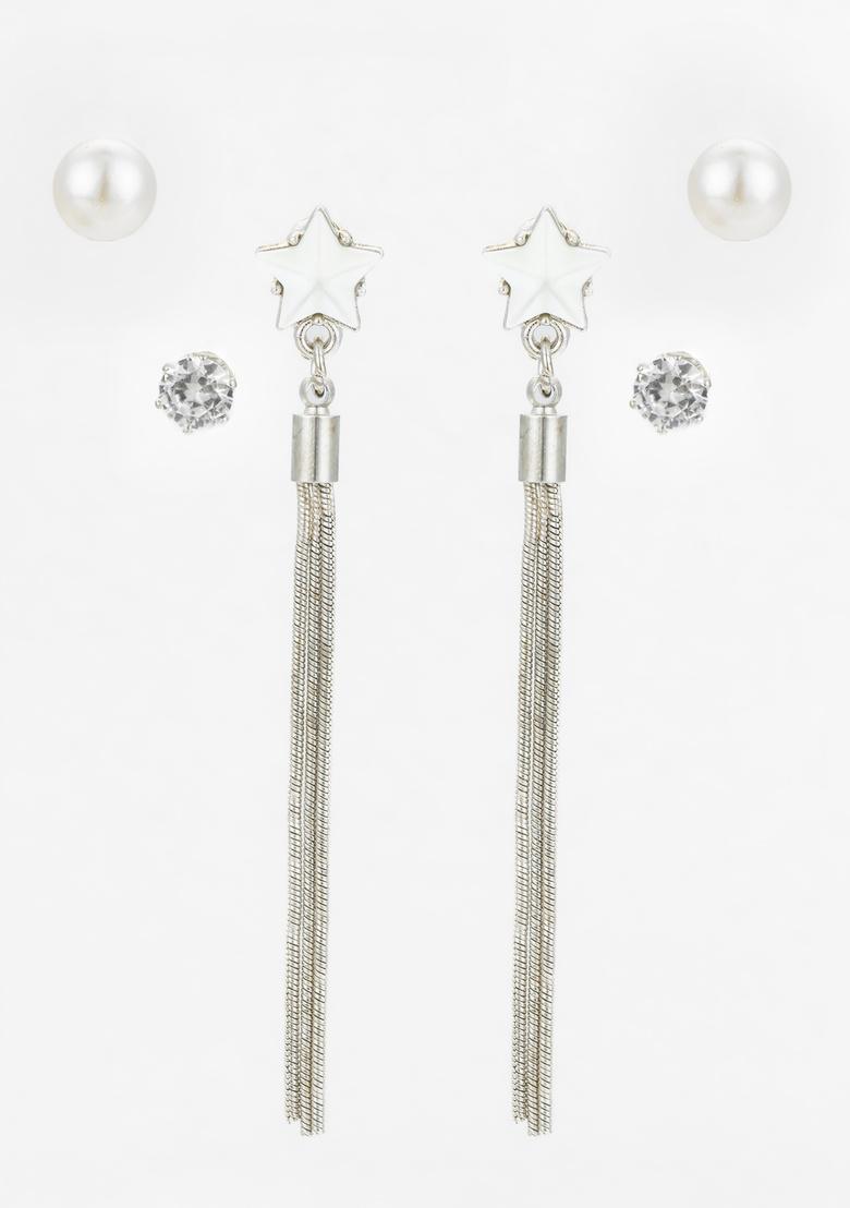 Silver And White Alloy Earrings - Indya